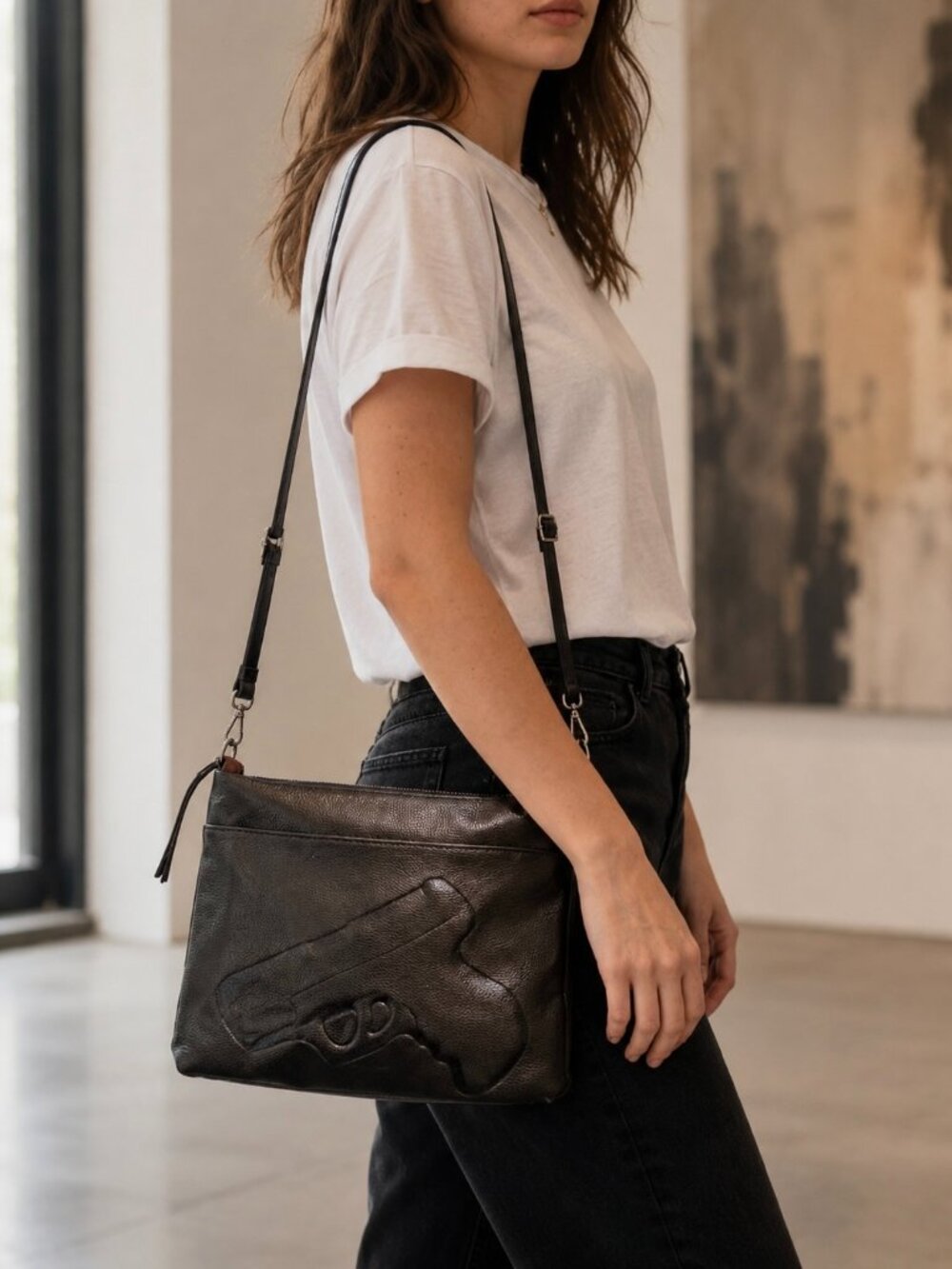Black Embossed Gun Crossbody Bag Pebbled Faux Leather